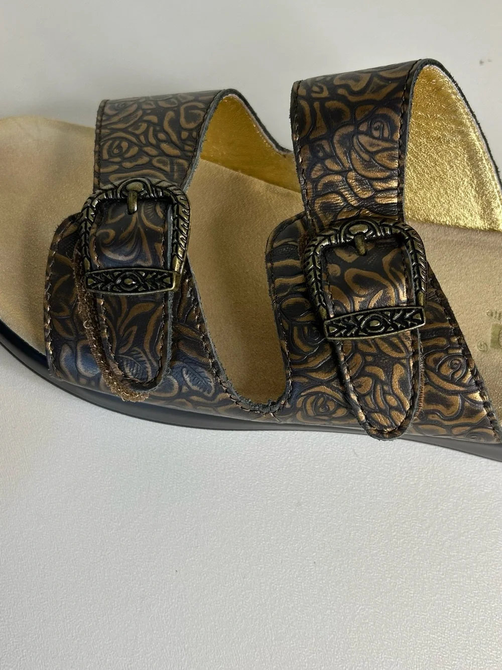 ALEGRIA PG Lite Women Sz 42 Jade Brown Embossed Leather Adjustable Slide Sandals
